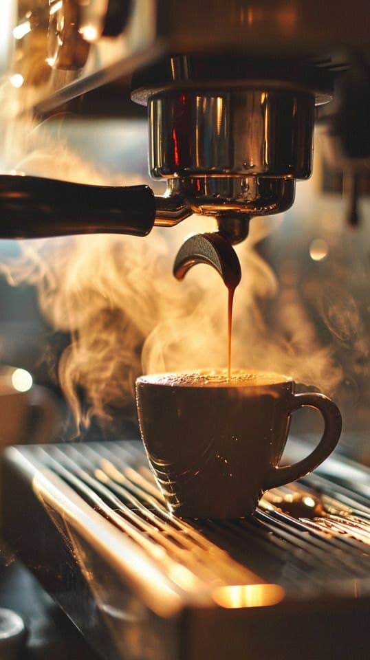 Espresso pulling from the group head into a warm cup