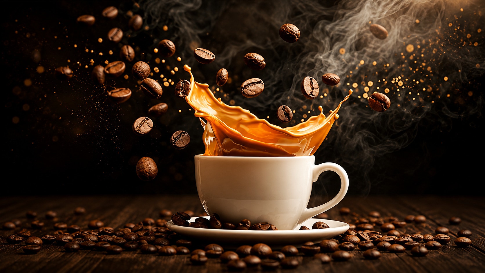Coffee splashing from a cup amid falling beans